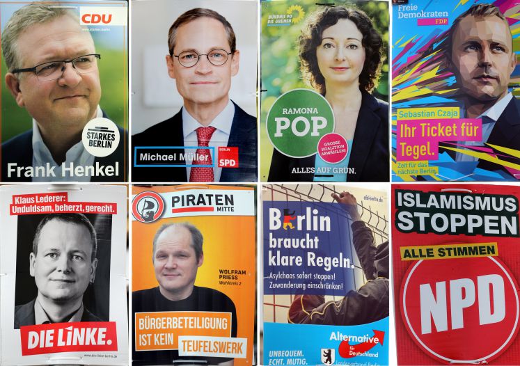 Wahlplakate von CDU, SPD, den Grünen, FDP, der Linken, den Piraten, der AfD und der NPD für die Berliner Kommunalwahl am 18.09.2016