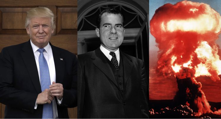 Porträt von Donald Trump, Richard Nixon sowie ein Bild von einem Atompilz.
