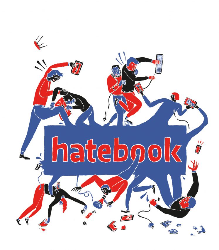Illustration mit dem Titel "Hatebook". Menschen mit Smartphones und Tastaturen schlagen und prügeln sich.