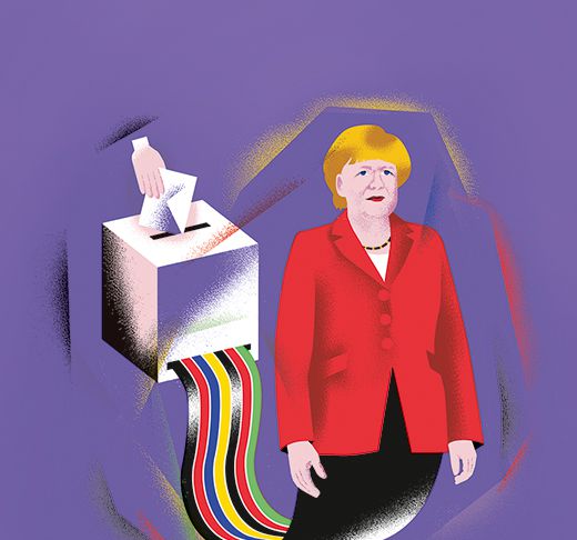 Illustration eines Wahlbrief, der gerade abgegeben wird, aus dem die Farben der Partein kommen und schließlich Merkel daraus wird