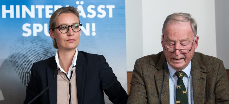 Alice Weidel (l) und Alexander Gauland, die Spitzenkandidaten der Partei Alternative für Deutschland (AfD) für die Bundestagswahl, äußern sich am 18.09.2017 bei einer Pressekonferenz in Berlin zu den Themen Zuwanderung und Kriminalität.