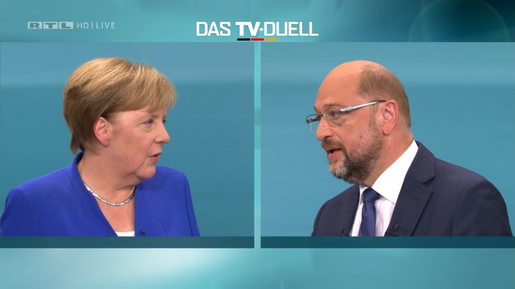 Screenshot des TV-Duells zwischen der Bundeskanzlerin und CDU-Vorsitzenden Angela Merkel und dem SPD-Kanzlerkandidaten und SPD-Vorsitzenden Martin Schulz am 03.09.2017 in Berlin