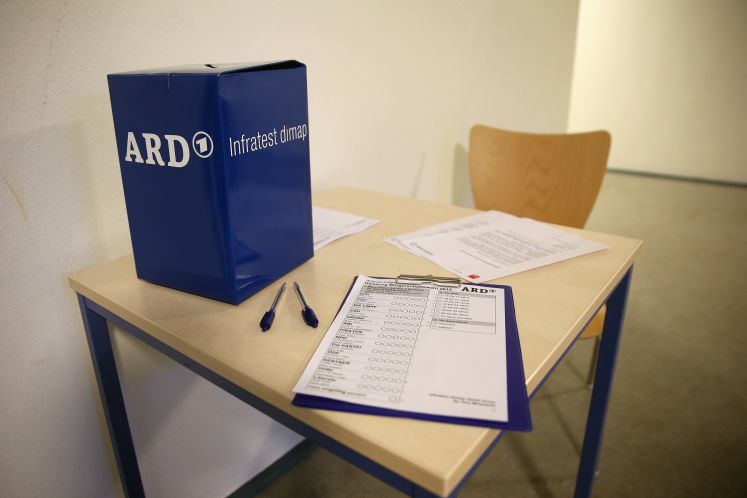 Unterlagen und eine Wahlurne des Meinungsforschungsinstitutes Infratest dimap im Auftrag der ARD stehen am 15.02.2015 in einem Wahllokal in Hamburg, um Wähler nach ihrer Stimmabgabe für die Bürgerschaftswahl zu befragen.