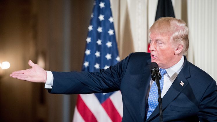 27.04.2018, USA, Washington: US-Präsident Donald Trump spricht auf einer Pressekonferenz im Weißen Haus zu den Medienvertretern.