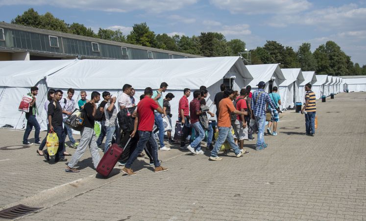 Flüchtlinge beziehen am 02.08.2015 in Neuenstadt am Kocher (Baden-Württemberg) ein temporäres Zeltlager. 