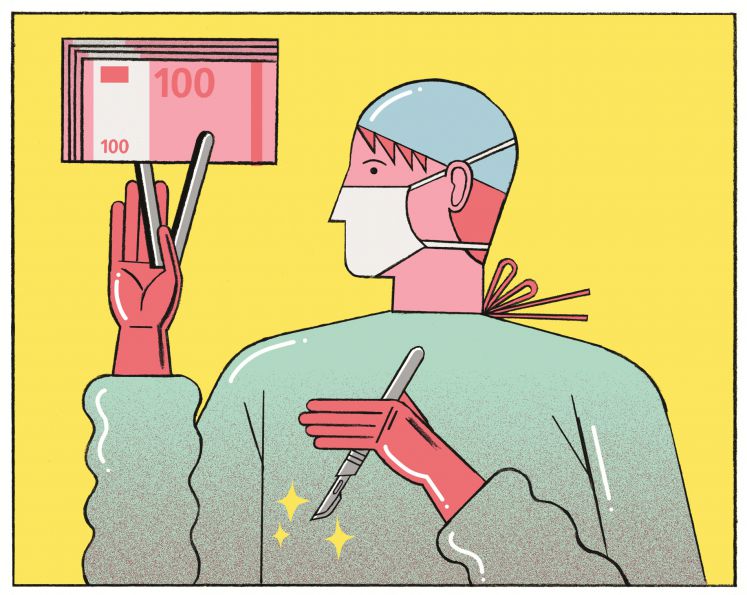 Illustration Arzt, der Skalpell und Geldschein in den Händen hält
