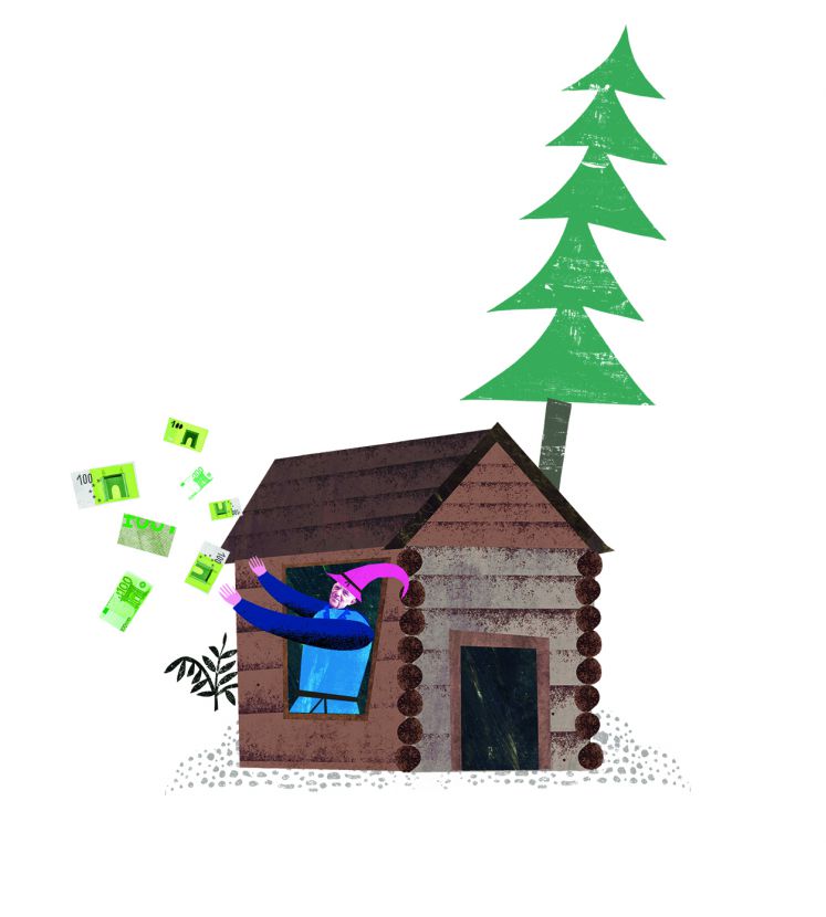 Illustration Figur wirft Geld aus dem Fenster einer Holzhuette im Wald
