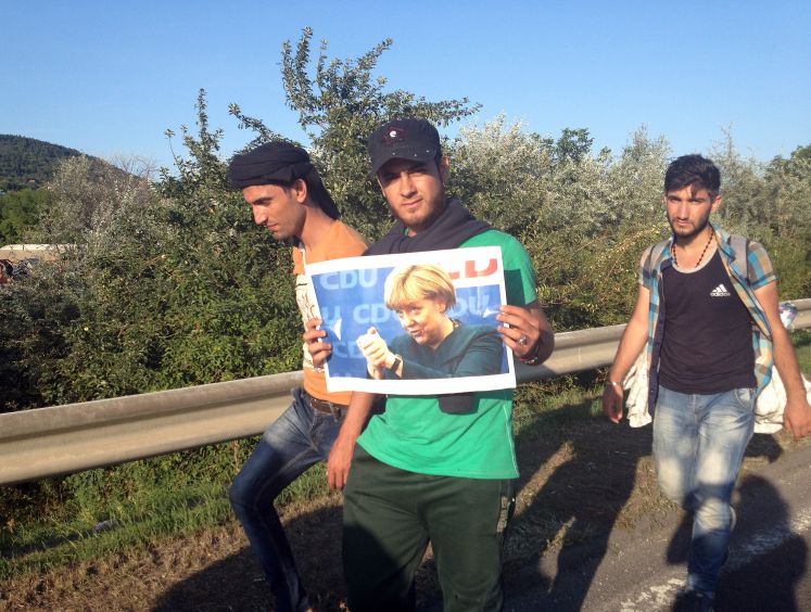Mit einem Foto von Bundeskanzlerin Merkel gehen syrische Flüchtlinge am 04.09.2015 in der Nähe von Budapest (Ungarn) eine Strasse in Richtung österreichische Grenze entlang.