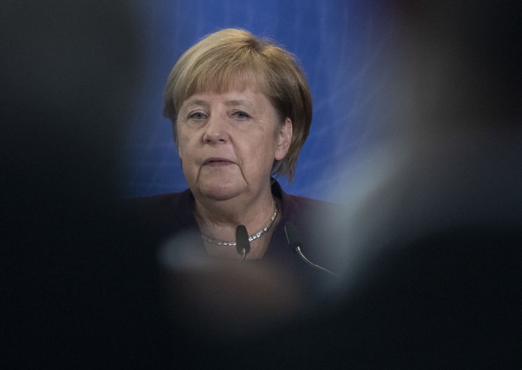 28.10.2019, Hessen, Frankfurt/Main: Bundeskanzlerin Angela Merkel (CDU) hält auf einem Festakt anlässlich des Wechsels an der Spitze der EZB eine Rede. 