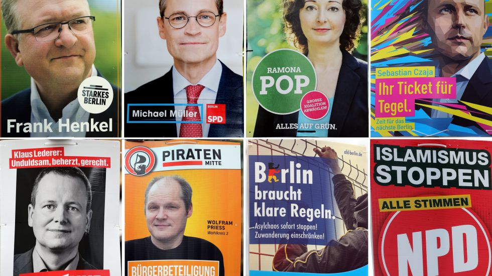 Wahlplakate von CDU, SPD, den Grünen, FDP, der Linken, den Piraten, der AfD und der NPD für die Berliner Kommunalwahl am 18.09.2016