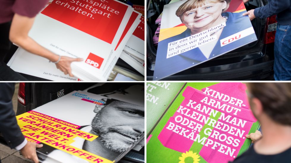KOMBO - Wahlkämpfer der Parteien SPD (aufgenommen am 10.08.2017, oben links nach unten rechts), der CDU (aufgenommen am 11.08.2017), der FDP (aufgenommen am 10.08.2017) und der Partei «Bündnis 90/Die Grünen» (aufgenommen am 09.08.2017) bereiten in Stuttgart (Baden-Württemberg) Wahlkampfplakate ihrer Partei für das Aufhängen vor. Die Plakate dürfen in Stuttgart ab dem 12. August ausgehangen werden.