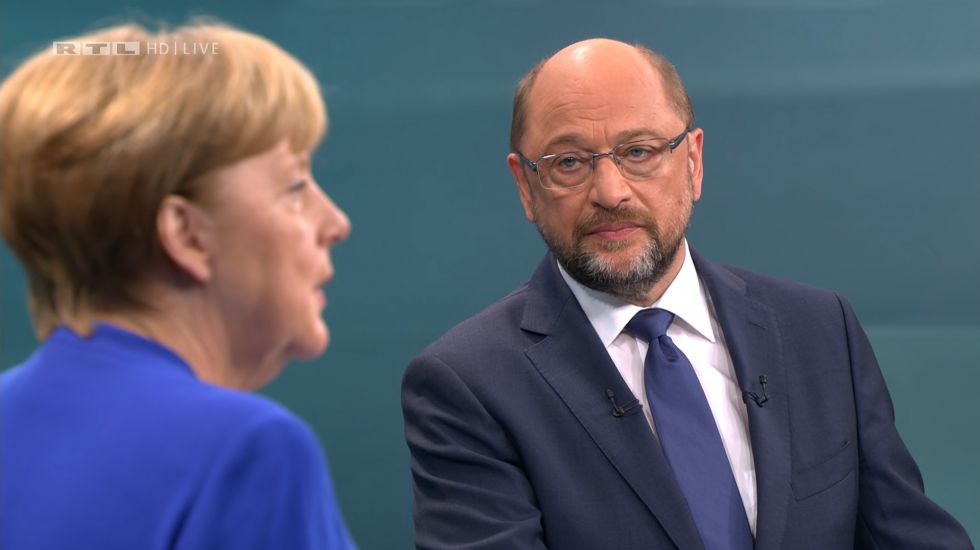 Screenshot des TV-Duellls zwischen der Bundeskanzlerin und CDU-Vorsitzenden Angela Merkel und dem SPD-Kanzlerkandidaten und SPD-Vorsitzenden Martin Schulz am 03.09.2017 in Berlin. 