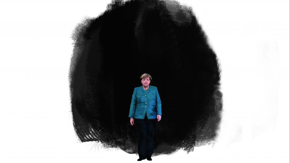 Illustration: Merkel vor einem großen schwarzen Schatten im Hintergrund