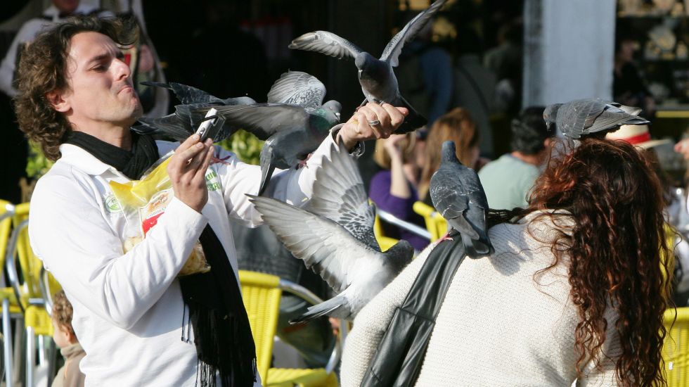 Touristen fotografieren sich mit Tauben auf dem Markusplatz in Venedig