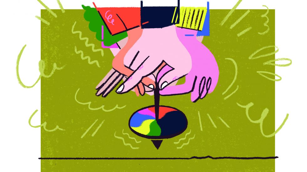 Illustration Kreisel mit den Farben der Parteien der von mehreren Händen gleichzeitig gedreht wird