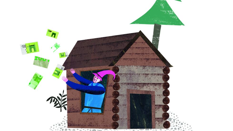 Illustration Figur wirft Geld aus dem Fenster einer Holzhuette im Wald