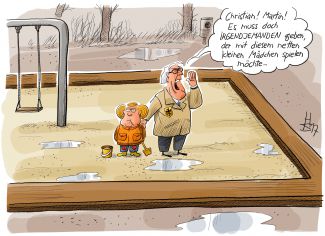 Merkel Sandkasten als Kind mit Eimer und Schaufel, Steinmeier steht daneben und ruft, ob jemand mit ihr spielen will